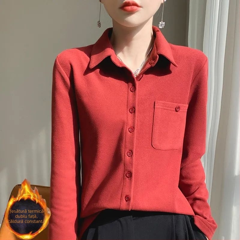 Cămașă de damă în stil cardigan — poliester periat, mâneci lungi, model uni, conținut poliester 70–80%