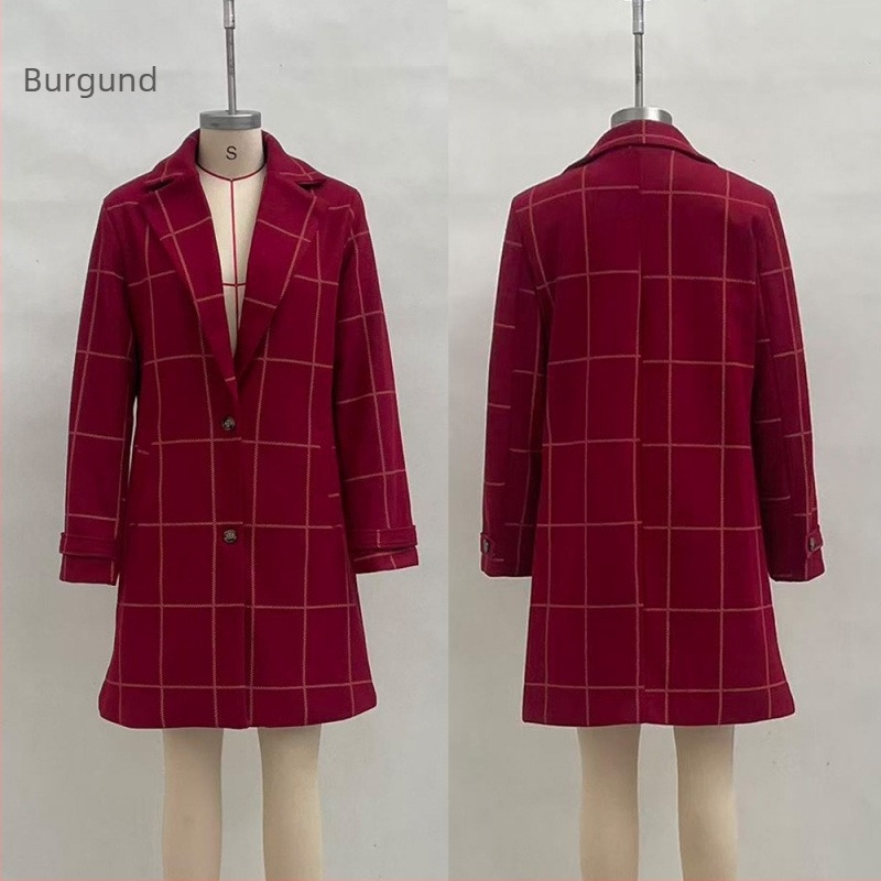 Palton feminin de lungime medie, în stil Euro-American retro, cu model grilă pătrată și patchwork, material poliester, croială lejeră, mâneci lungi