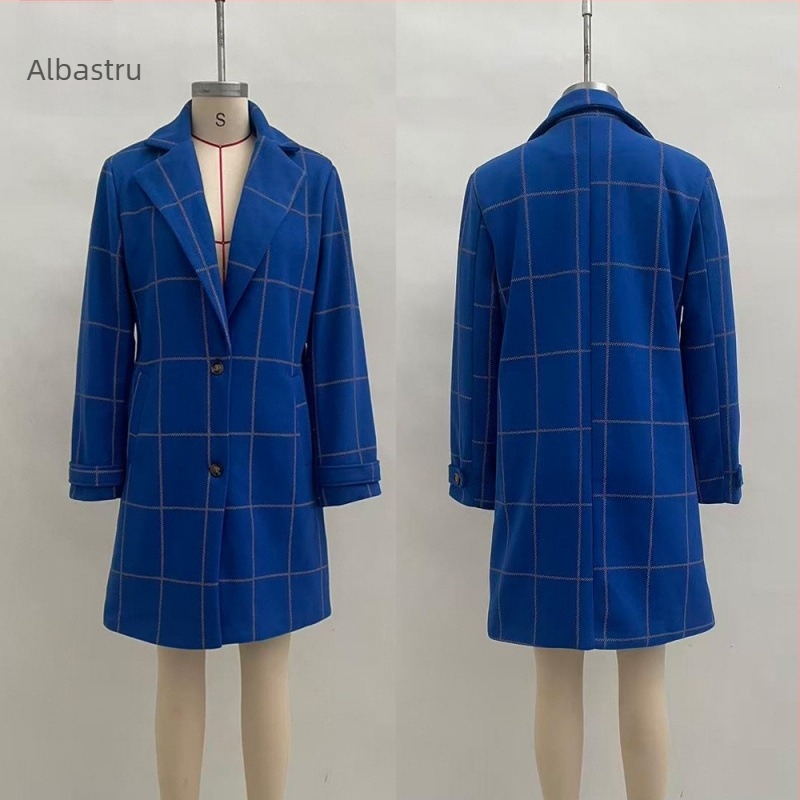 Palton feminin de lungime medie, în stil Euro-American retro, cu model grilă pătrată și patchwork, material poliester, croială lejeră, mâneci lungi