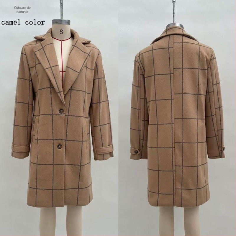 Palton feminin de lungime medie, în stil Euro-American retro, cu model grilă pătrată și patchwork, material poliester, croială lejeră, mâneci lungi