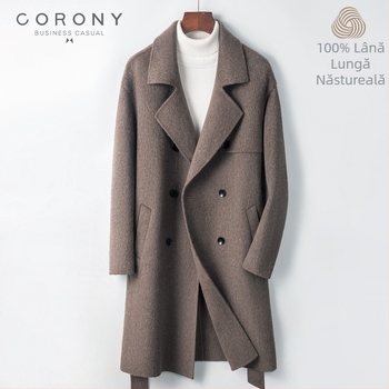 Palton bărbătesc din lână, lungime medie, nasturi dubli, curea, guler tip sacou