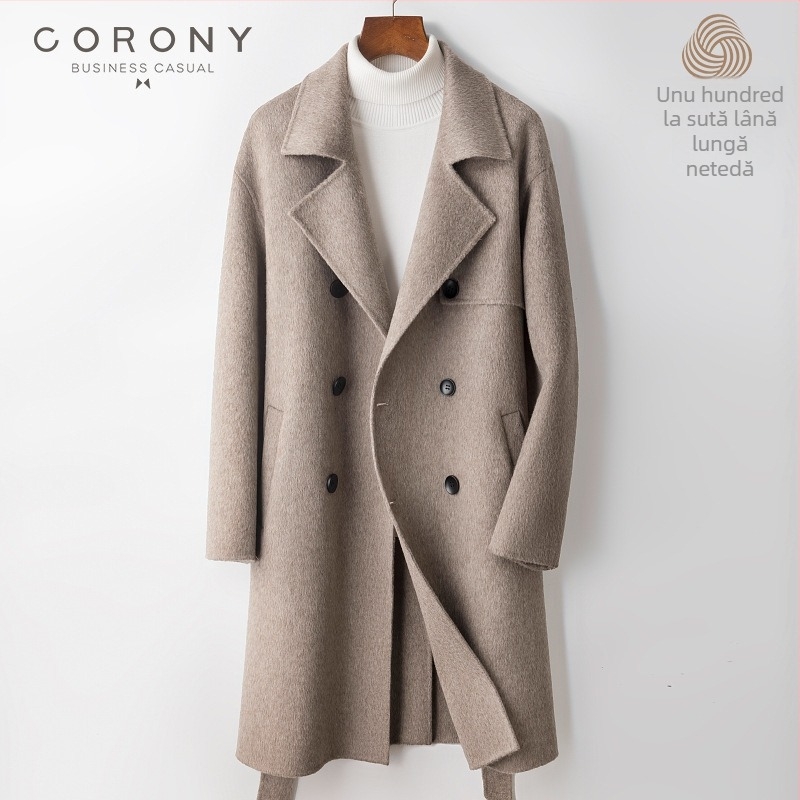 Palton bărbătesc din lână, lungime medie, nasturi dubli, curea, guler tip sacou