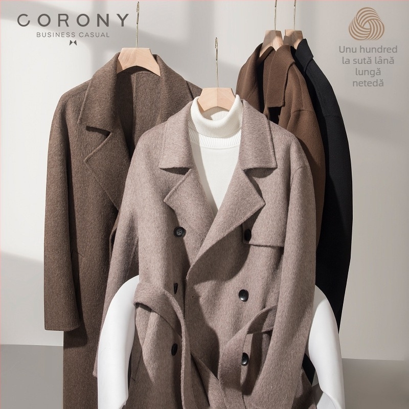 Palton bărbătesc din lână, lungime medie, nasturi dubli, curea, guler tip sacou