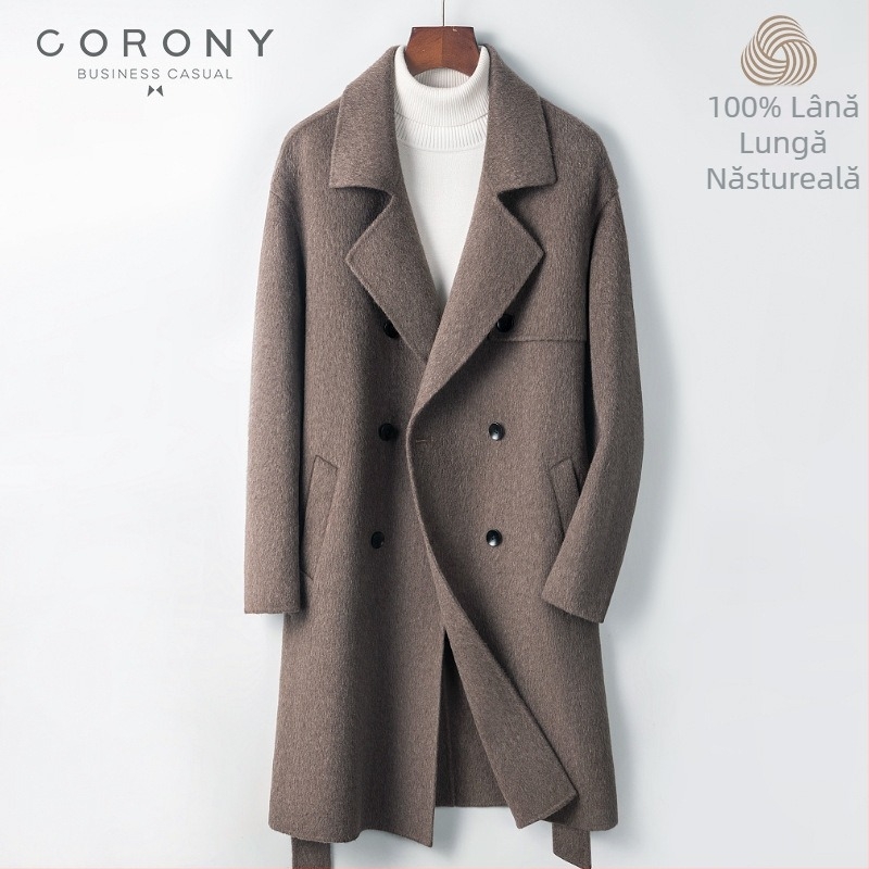 Palton bărbătesc din lână, lungime medie, nasturi dubli, curea, guler tip sacou