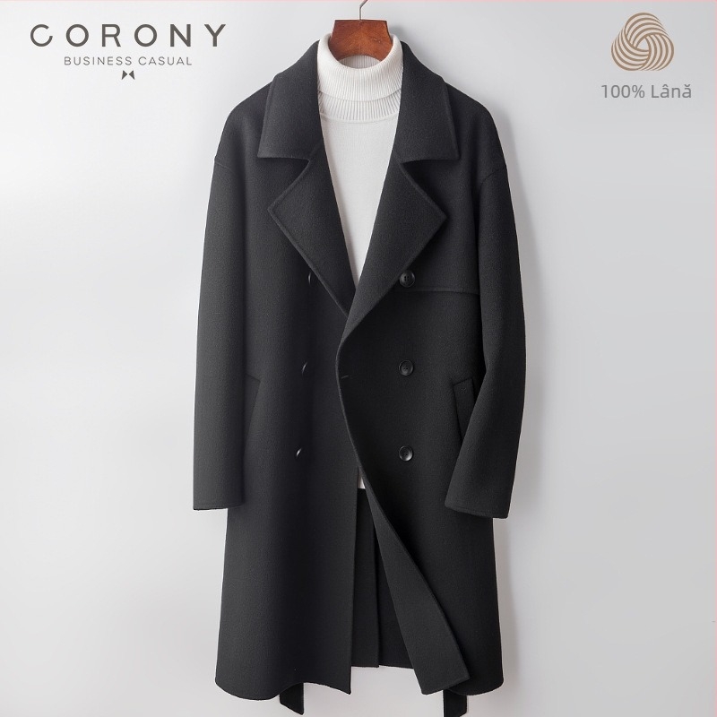 Palton bărbătesc din lână, lungime medie, nasturi dubli, curea, guler tip sacou