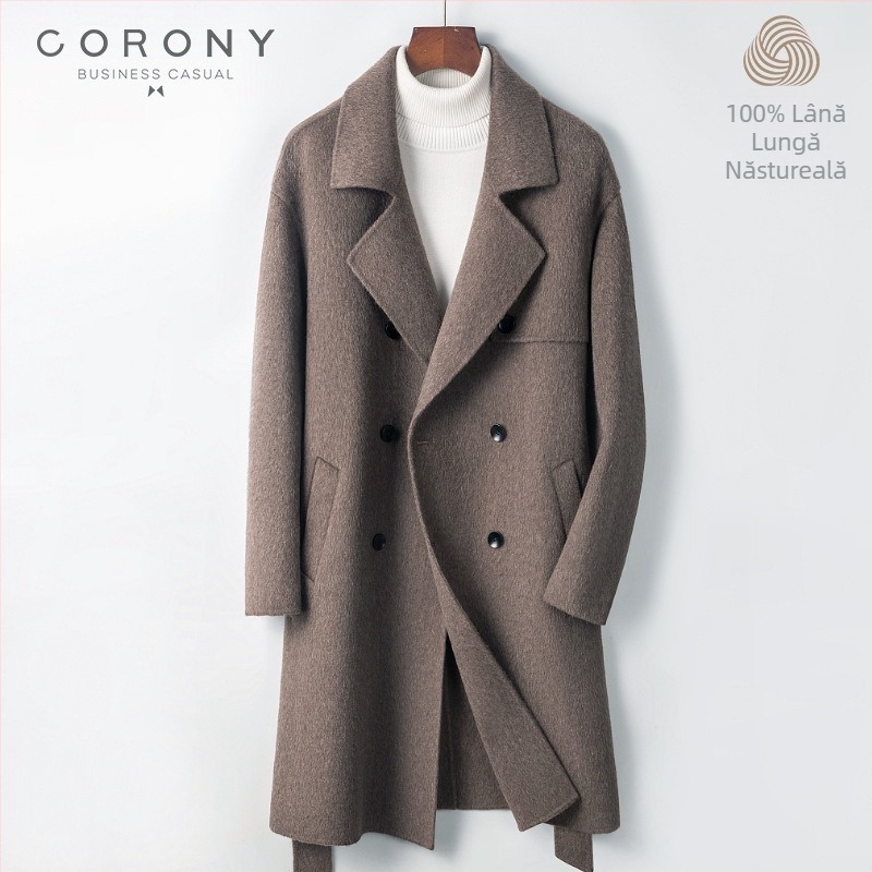 Palton bărbătesc din lână, lungime medie, nasturi dubli, curea, guler tip sacou