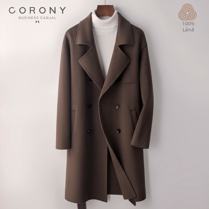 Palton bărbătesc din lână, lungime medie, nasturi dubli, curea, guler tip sacou