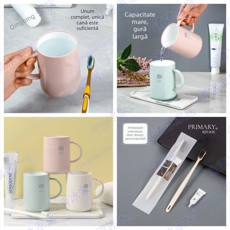 Pahar gros pentru periuțe de dinți cu mâner – recipient plastic pentru clătarea gurii, uz casnic (pentru cupluri)