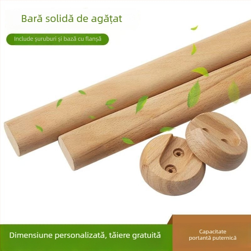 Bară de haine din lemn masiv pentru garderobă, cu flanșă îngroșată, model H122