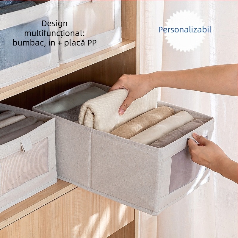 Cutie pliabilă pentru depozitarea hainelor, din bumbac și in, transparentă, fără montaj, portabilă pentru dormitor, capacitate 5–10 L