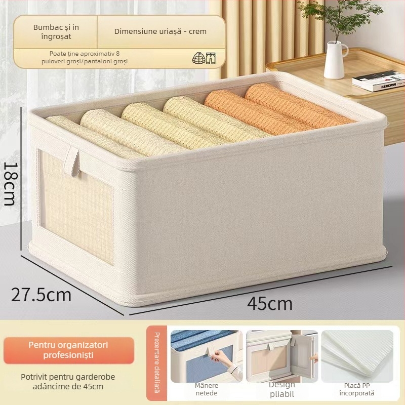 Cutie pliabilă pentru depozitarea hainelor, din bumbac și in, transparentă, fără montaj, portabilă pentru dormitor, capacitate 5–10 L