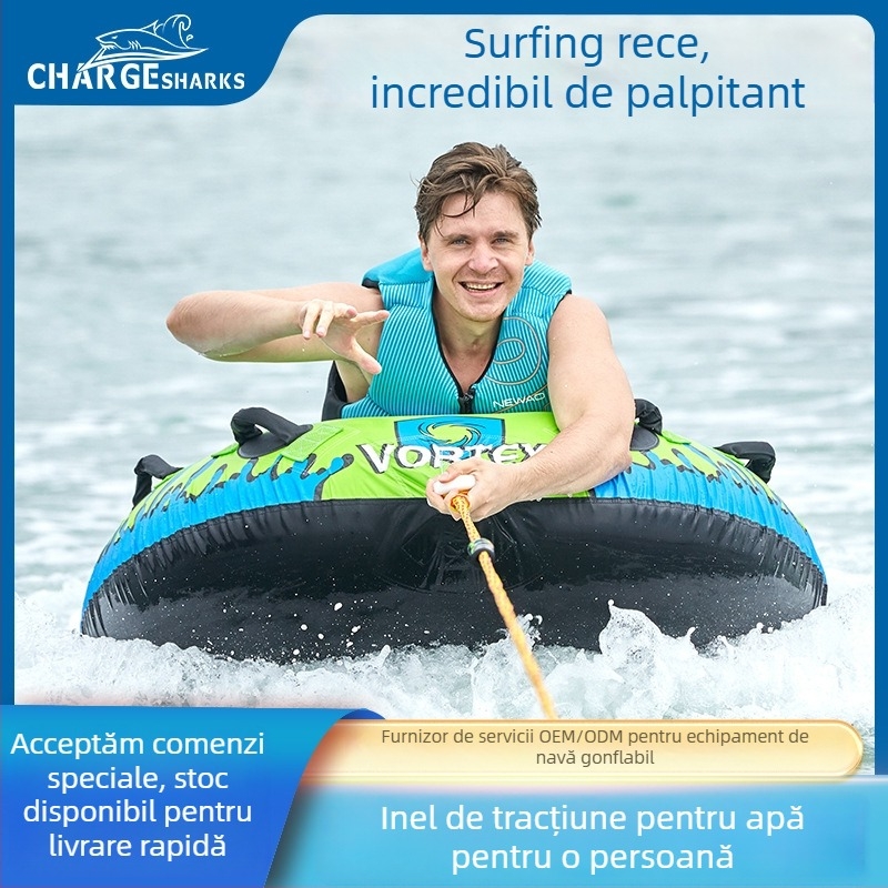 Inel de tractare pe apă pentru o singură persoană, cu funie de tractare, PVC grosime 0,60 mm, rezistent la frig, pompă de aer inclusă, sarcină maximă 77 kg