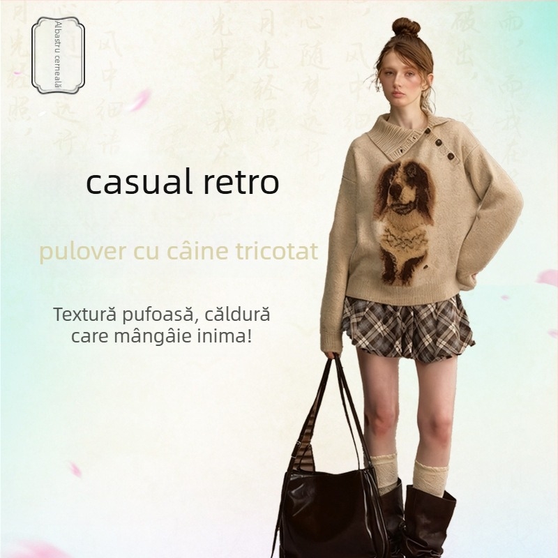 Pulover tricotat jacquard cu model cățeluș, croială lejeră cu glugă, lungime medie, tricot foarte gros