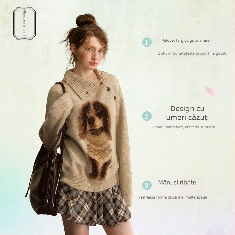 Pulover tricotat jacquard cu model cățeluș, croială lejeră cu glugă, lungime medie, tricot foarte gros