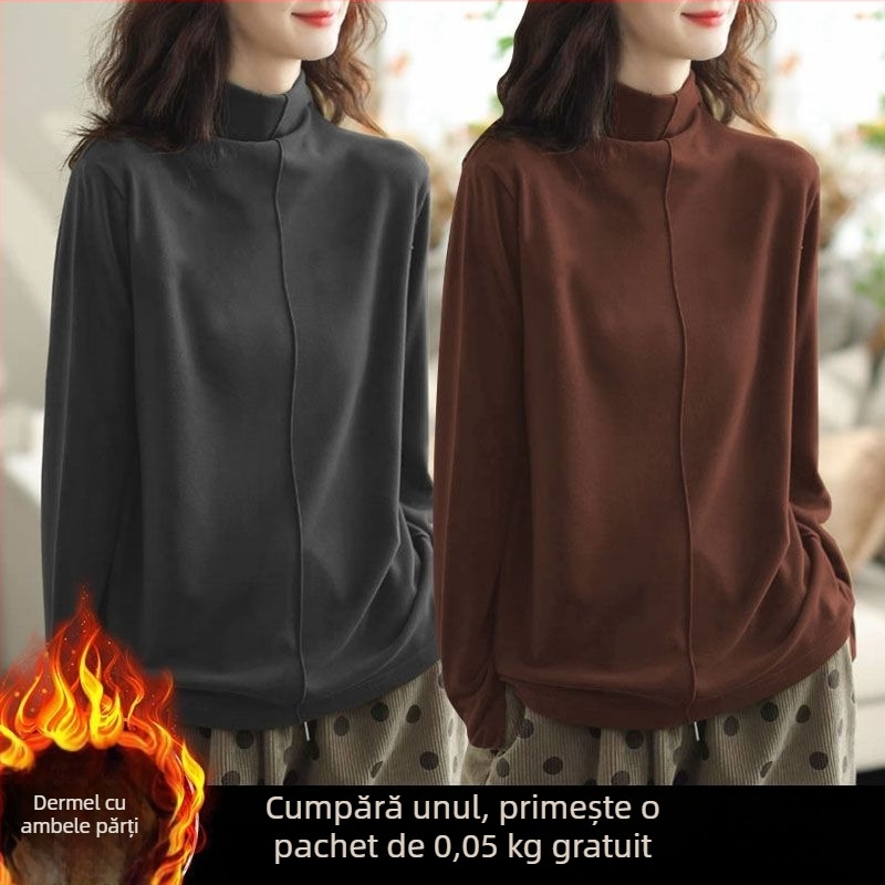 Tricou termic damă oversize, cu guler semi-înalt, broderie, țesătură plată, stil Royal Sister, primăvara 2025