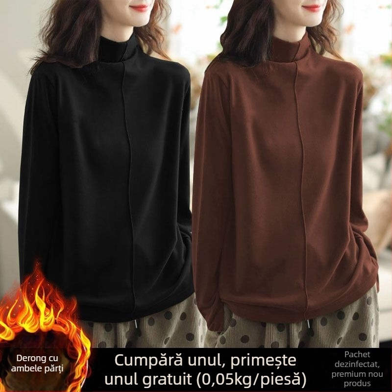 Tricou termic damă oversize, cu guler semi-înalt, broderie, țesătură plată, stil Royal Sister, primăvara 2025