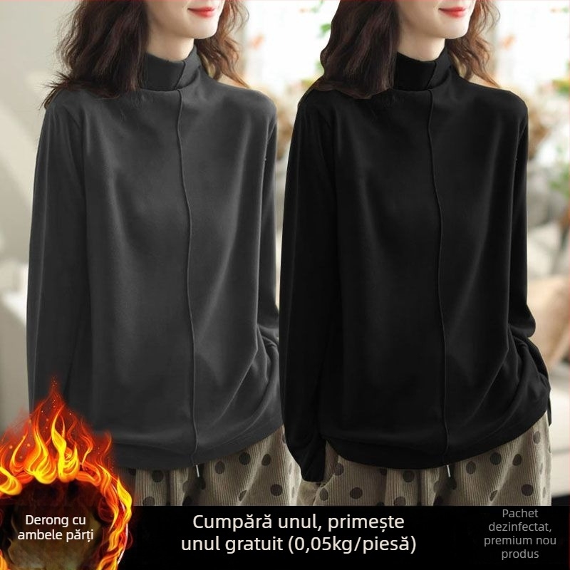 Tricou termic damă oversize, cu guler semi-înalt, broderie, țesătură plată, stil Royal Sister, primăvara 2025