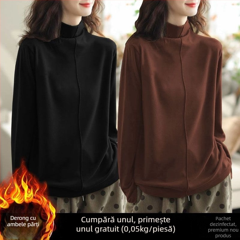 Tricou termic damă oversize, cu guler semi-înalt, broderie, țesătură plată, stil Royal Sister, primăvara 2025