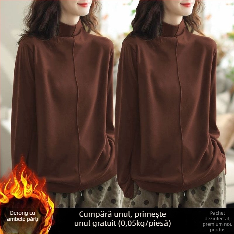 Tricou termic damă oversize, cu guler semi-înalt, broderie, țesătură plată, stil Royal Sister, primăvara 2025