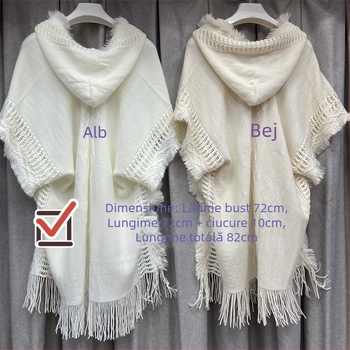 Pulover tricotat pentru femei, cu glugă, mâneci tip bat, acrilic 95%+, lungime medie