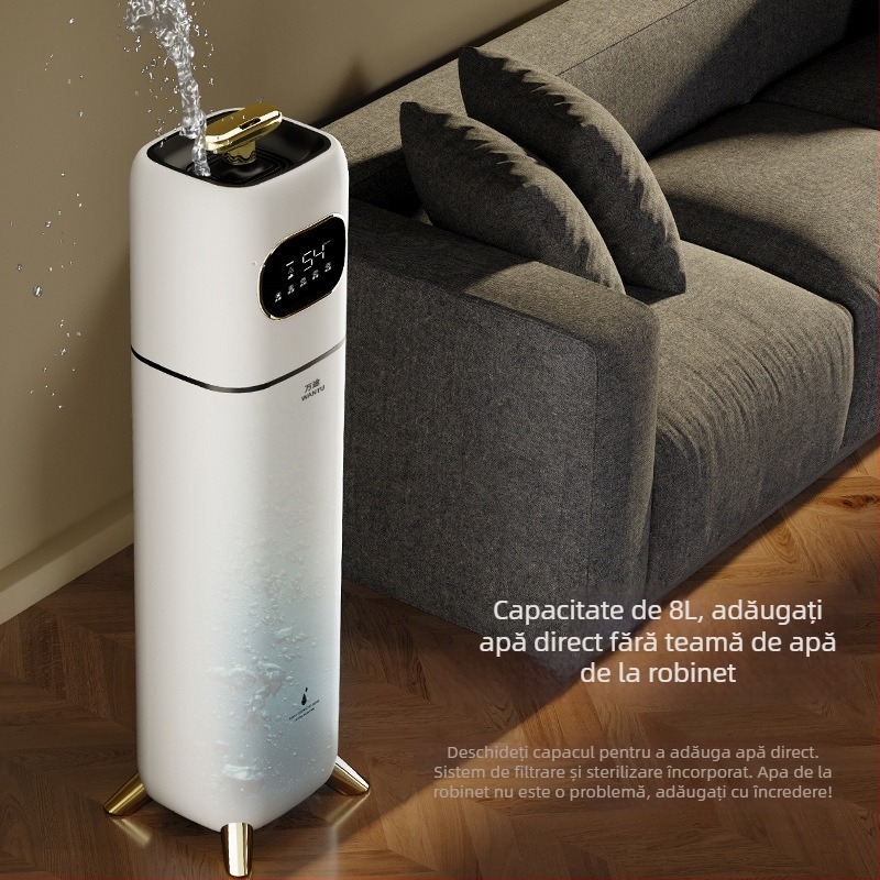 Umidificator ultrasonic și purificator pentru casă, 41–60 m², rezervor 6.1–10 L, 1 ieșire ceață, telecomandă, temporizator >8 ore