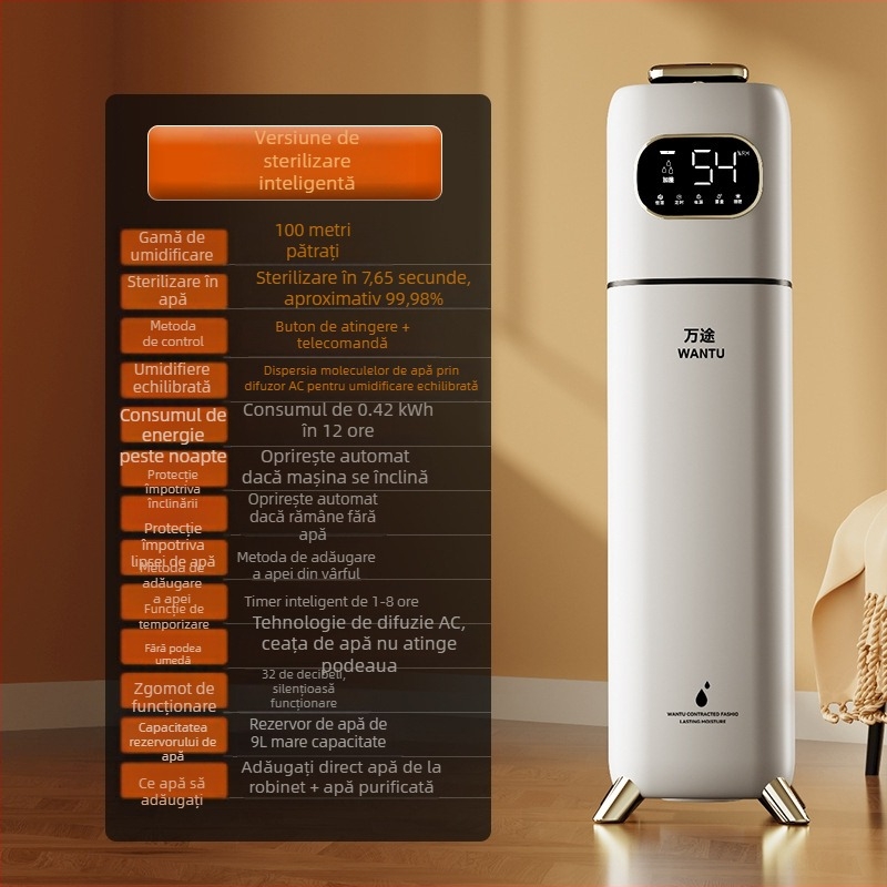 Umidificator ultrasonic și purificator pentru casă, 41–60 m², rezervor 6.1–10 L, 1 ieșire ceață, telecomandă, temporizator >8 ore