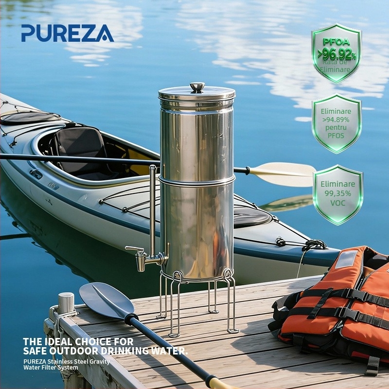 Galeată purificator de apă cu filtrare gravitațională, din oțel inoxidabil, pentru camping și uz casnic/RV