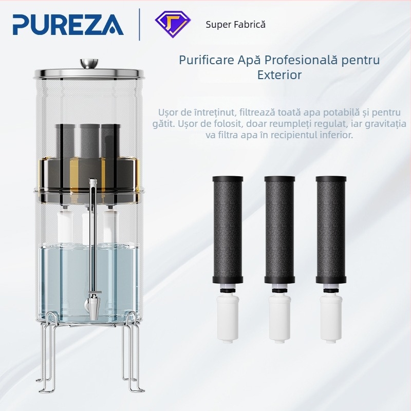 Galeată purificator de apă cu filtrare gravitațională, din oțel inoxidabil, pentru camping și uz casnic/RV