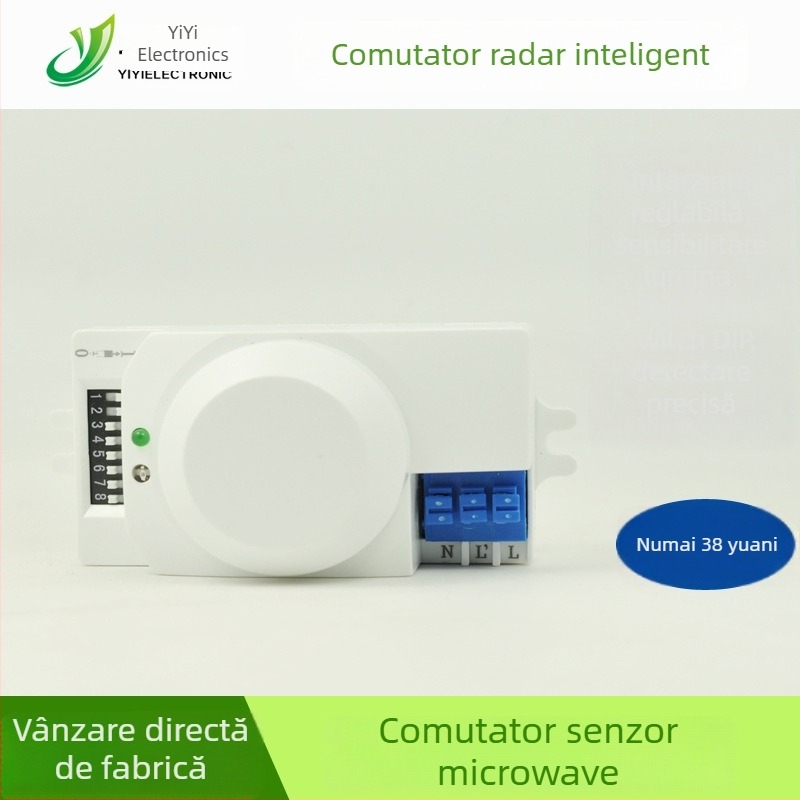Comutator inteligent cu senzor de microunde, senzor fotoelectric pentru hol, rază de detecție 8 m, timp de răspuns 0,5 s, tensiune de intrare 220 V, ieșire analogică