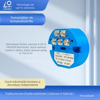 Transmițător de temperatură integrat cu senzor NTC 10k (β 3950), ieșiri 4-20 mA și 0-10 V, alimentare 5 V, semnal de tip potențiometru glisant