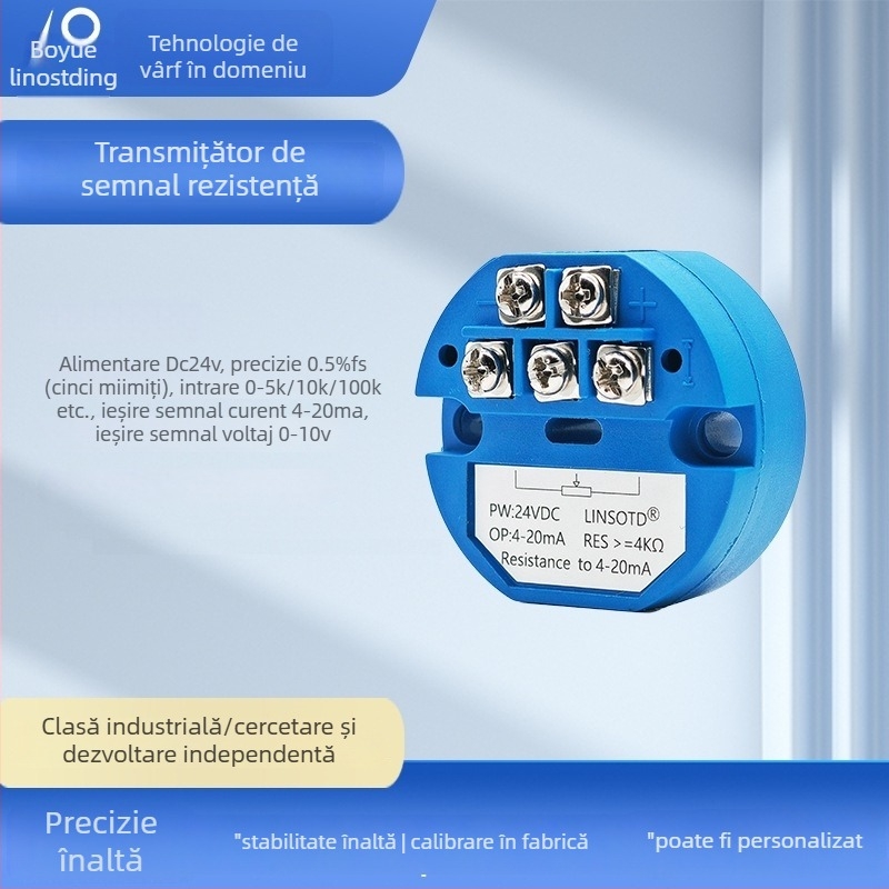 Transmițător de temperatură integrat cu senzor NTC 10k (β 3950), ieșiri 4-20 mA și 0-10 V, alimentare 5 V, semnal de tip potențiometru glisant