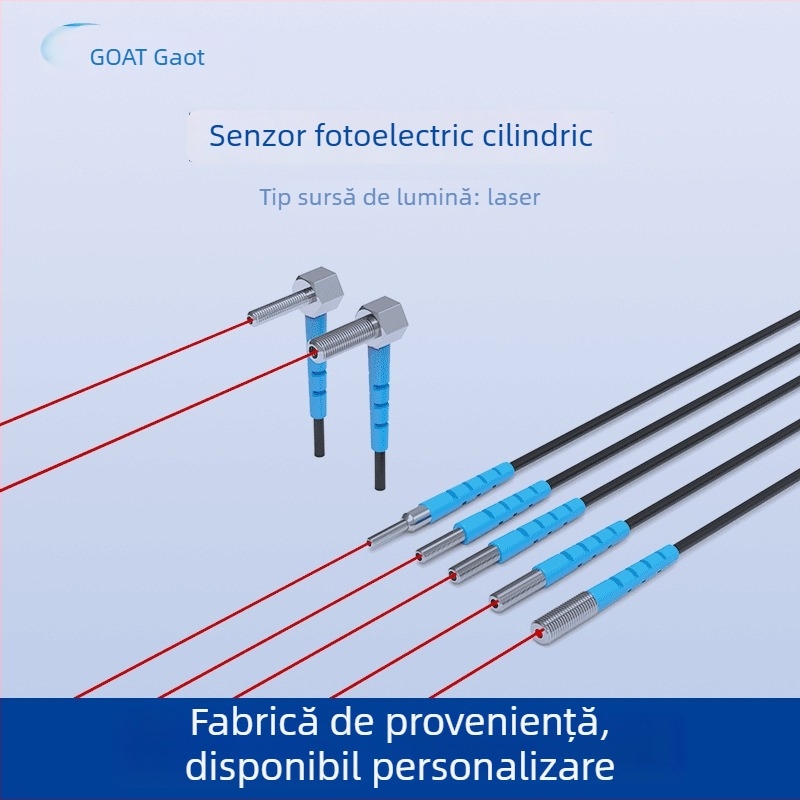 Senzor fotoelectric cilindric cu laser, detectie la unghi drept, mod prin fascicul sau reflexie difuză, 650 nm laser, distanță de detecție 2,5–5 mm, IP65, ieșire NPN/PNP