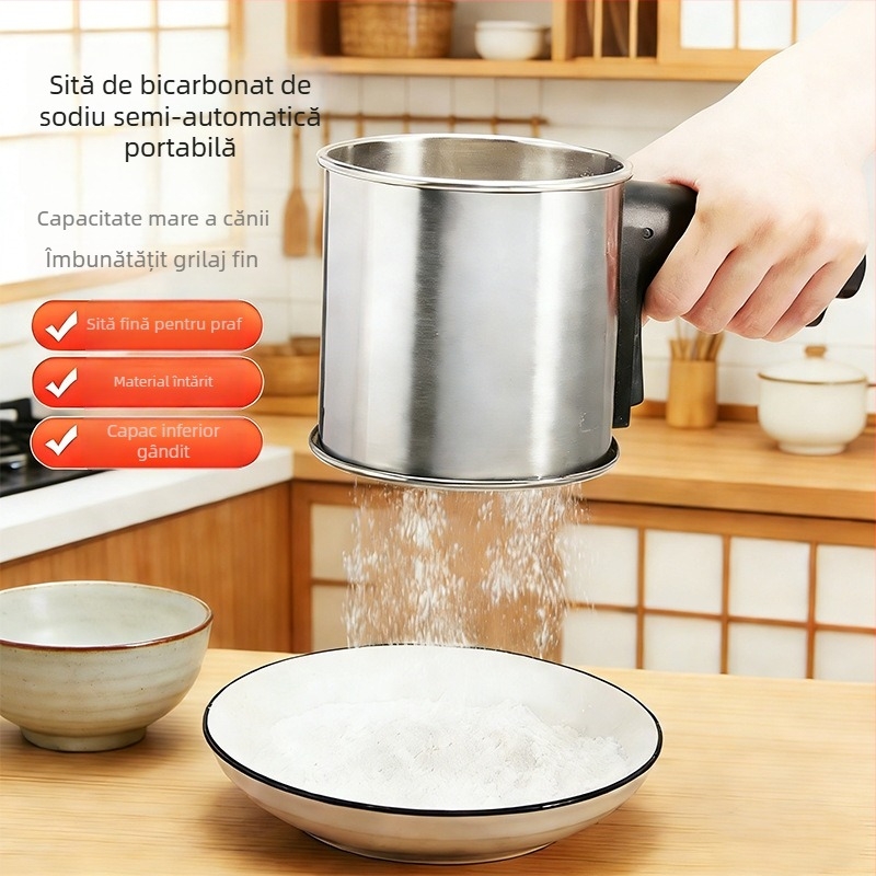 Sită de făină din oțel inoxidabil, portabilă, cu două straturi, presiune manuală