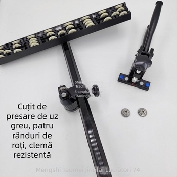 Tăietor pentru plăci: greu, precizie înaltă la tăierea plăcilor de rocă, lamă în formă de T pentru împingere, roți în 3–4 rânduri, lamă pentru sticlă