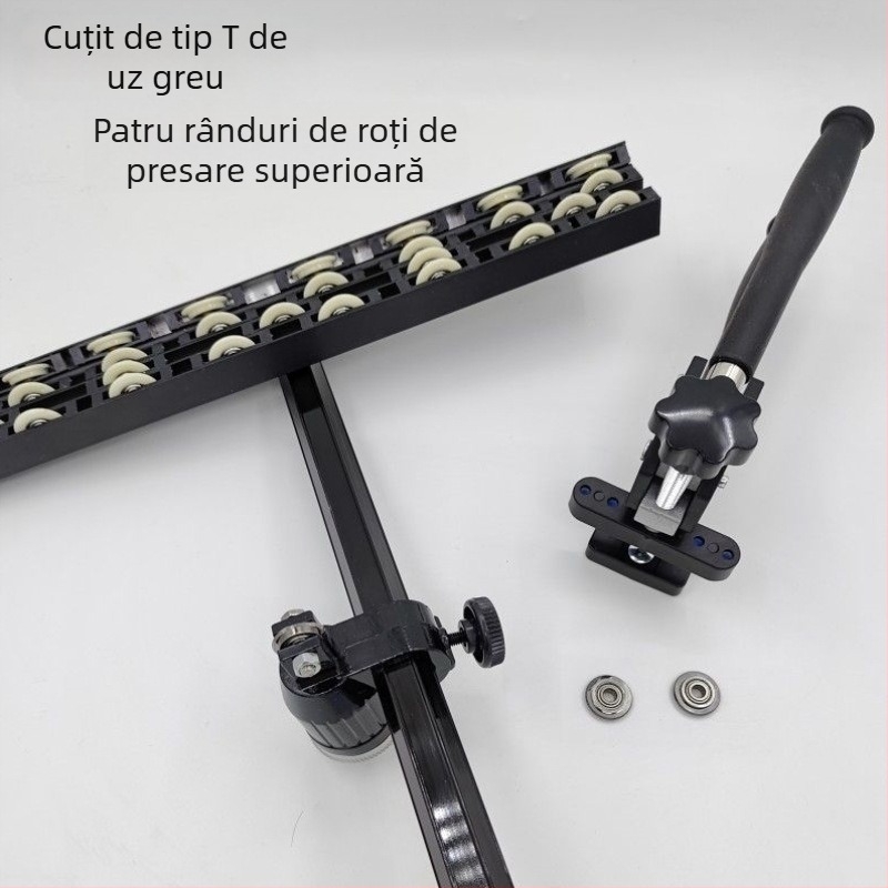 Tăietor pentru plăci: greu, precizie înaltă la tăierea plăcilor de rocă, lamă în formă de T pentru împingere, roți în 3–4 rânduri, lamă pentru sticlă