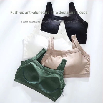 Sutien din bumbac fără sârmă, guler pătrat, bustier dintr-o bucată, cupă completă, închidere pe laterală