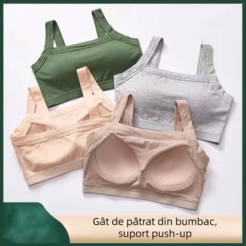 Sutien din bumbac fără sârmă, guler pătrat, bustier dintr-o bucată, cupă completă, închidere pe laterală