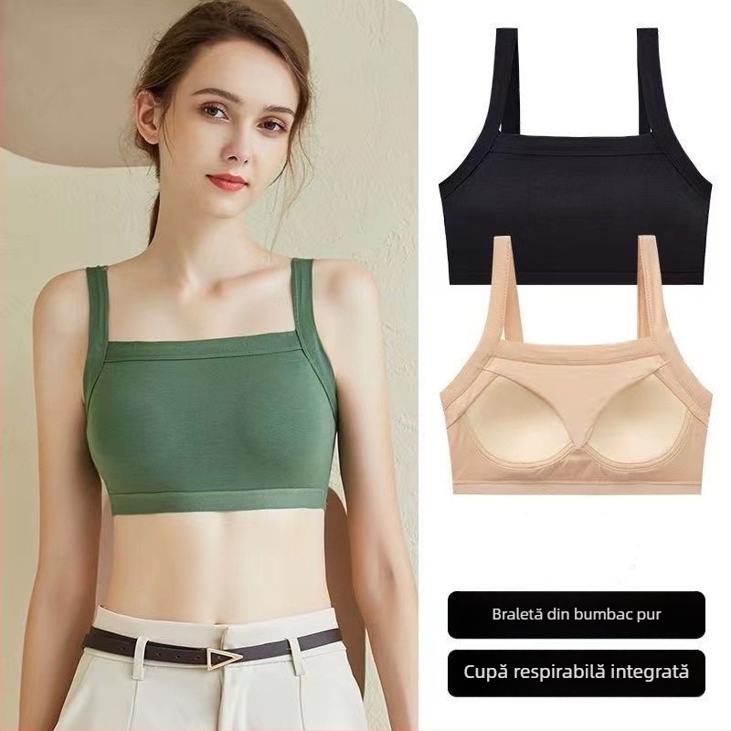 Sutien din bumbac fără sârmă, guler pătrat, bustier dintr-o bucată, cupă completă, închidere pe laterală