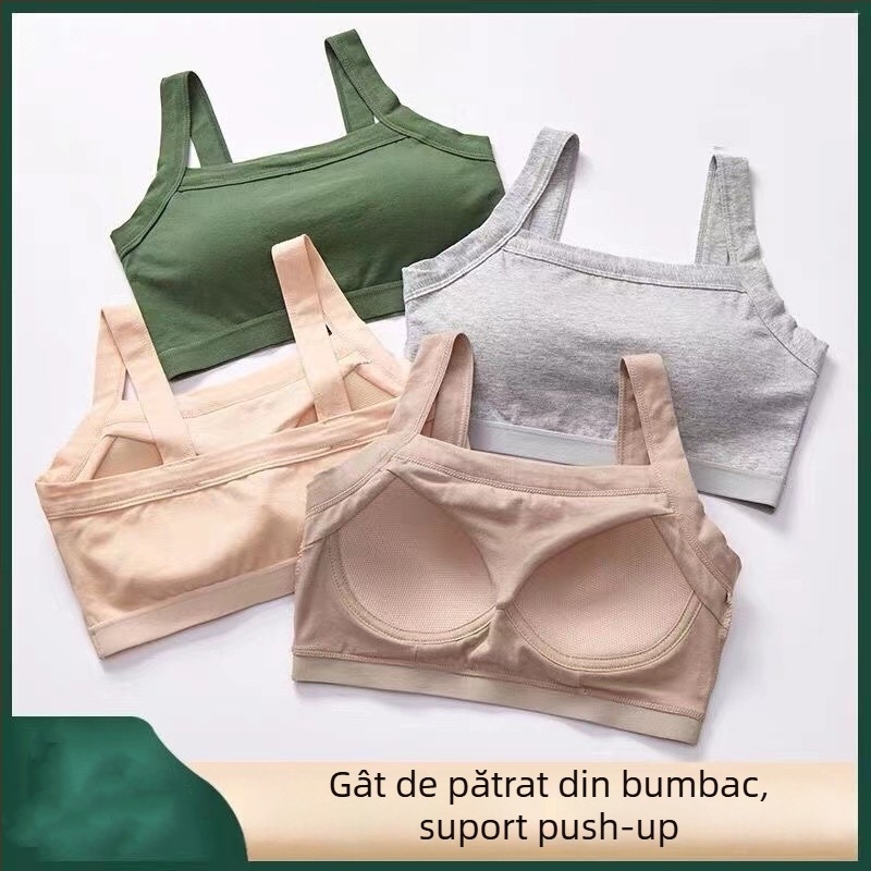 Sutien din bumbac fără sârmă, guler pătrat, bustier dintr-o bucată, cupă completă, închidere pe laterală