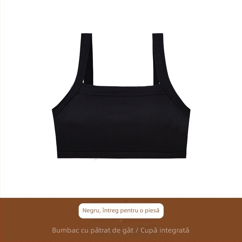 Sutien din bumbac fără sârmă, guler pătrat, bustier dintr-o bucată, cupă completă, închidere pe laterală