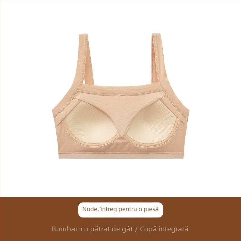 Sutien din bumbac fără sârmă, guler pătrat, bustier dintr-o bucată, cupă completă, închidere pe laterală