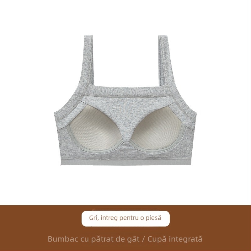 Sutien din bumbac fără sârmă, guler pătrat, bustier dintr-o bucată, cupă completă, închidere pe laterală
