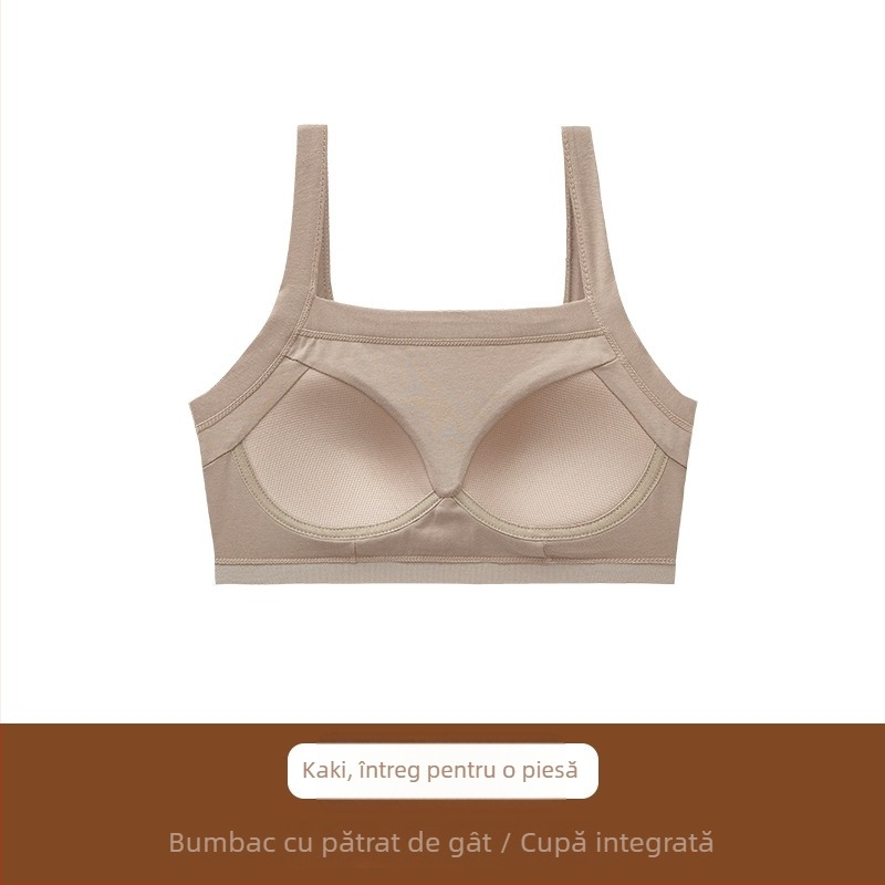 Sutien din bumbac fără sârmă, guler pătrat, bustier dintr-o bucată, cupă completă, închidere pe laterală