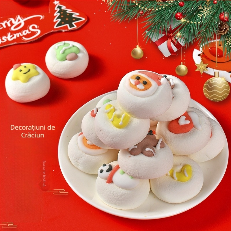 Marshmallows sandwich de Crăciun, decorate manual, în pungă 250 g, forme Moș Crăciun și om de turtă dulce, valabil 365 de zile