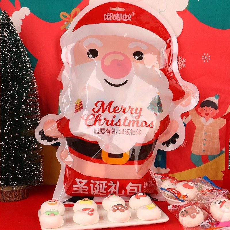 Marshmallows sandwich de Crăciun, decorate manual, în pungă 250 g, forme Moș Crăciun și om de turtă dulce, valabil 365 de zile