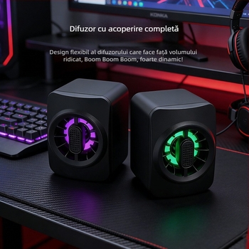 Sistem USB de difuzoare pentru desktop, 3× difuzoare, 150Hz–20kHz, SNR sub 60 dB, sunet surround 360°, alimentare Type-C