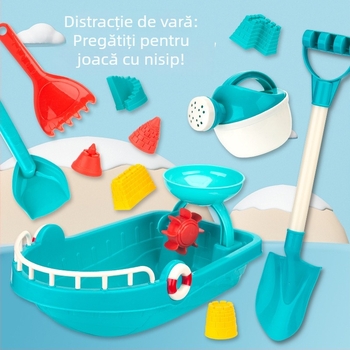Set de 11 piese jucării pentru nisip și apă pentru plajă: bărcuțe, ceainic, găleată, lopățică pentru zăpadă; pentru copii 4–6 ani; ambalate într-o plasă din plasă