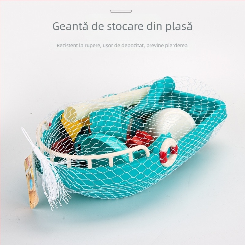 Set de 11 piese jucării pentru nisip și apă pentru plajă: bărcuțe, ceainic, găleată, lopățică pentru zăpadă; pentru copii 4–6 ani; ambalate într-o plasă din plasă