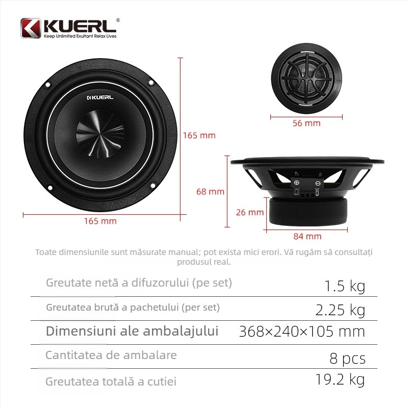 Set de boxe auto pentru ușa din față, două căi, 6,5 inci (Model K-6523, 4Ω, putere max 160W, bandă de frecvențe 60Hz–20kHz, sensibilitate >91dB)