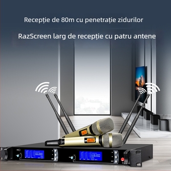 Mikrofonn wireless KTV SKM9000, microfon profesionist pentru scenă, cântece și conferințe. Model SKM9000; tip microfon: KTV/profesional; baterie încorporată 300–500 mAh; autonomie 3–6 h; raport SNR ≥70 dB; tensiune 220V.
